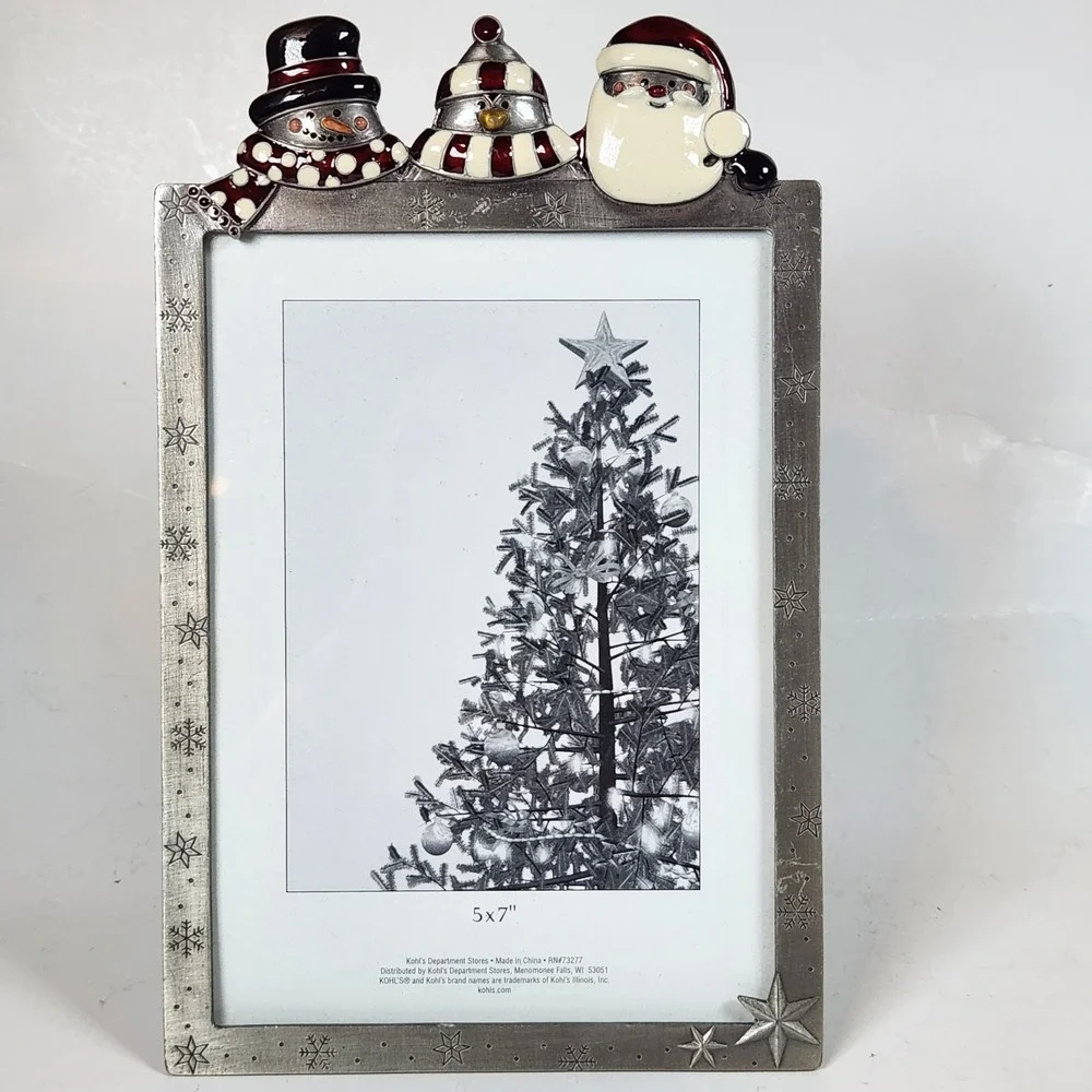 Kohls Pewter Christmas Picture Frame 4 x 7 Snowmen Penguin Santa Enamel Holiday